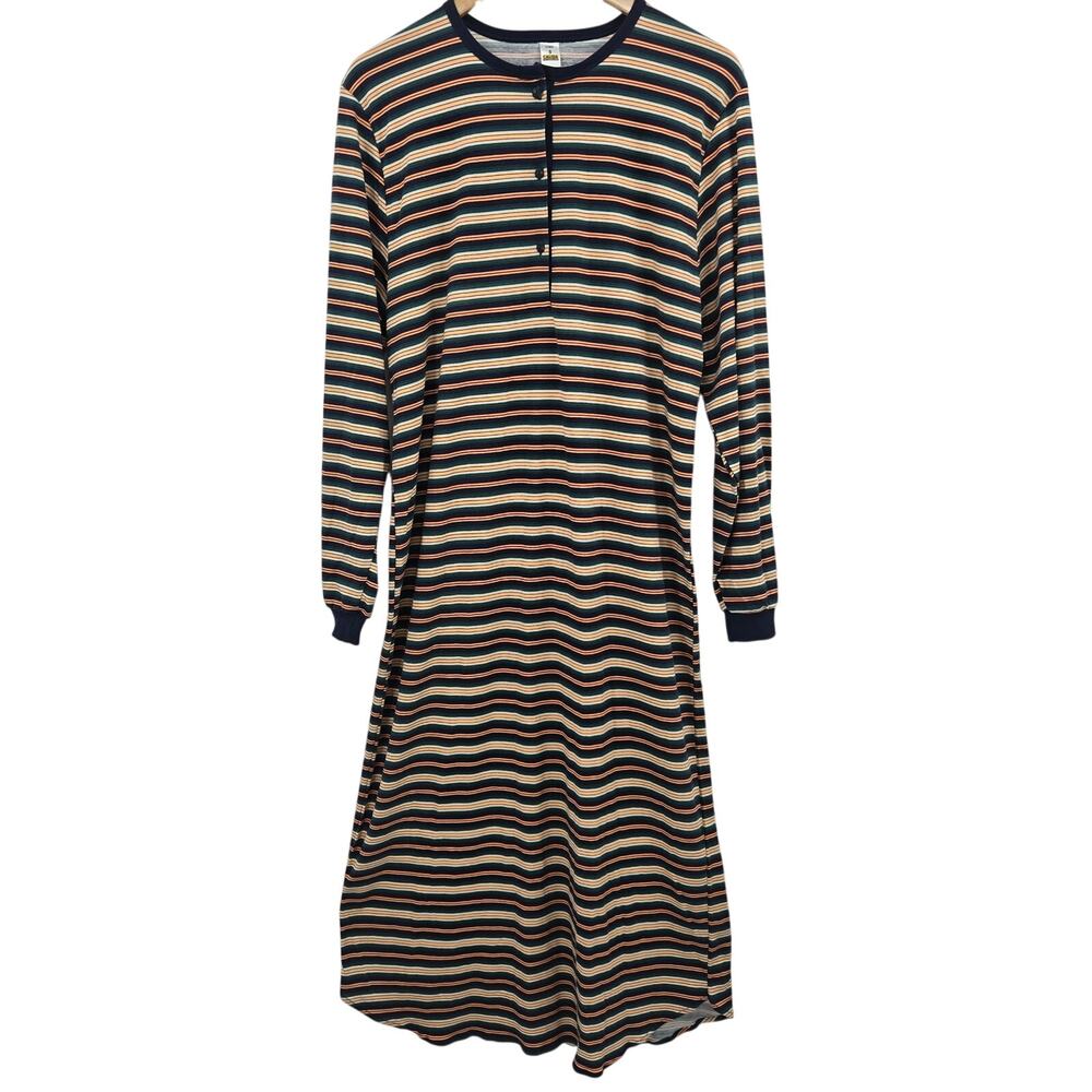 CALIDA Women Vintage Striped Cotton Henley Nightgown Sleep Shirt Dress Navy S